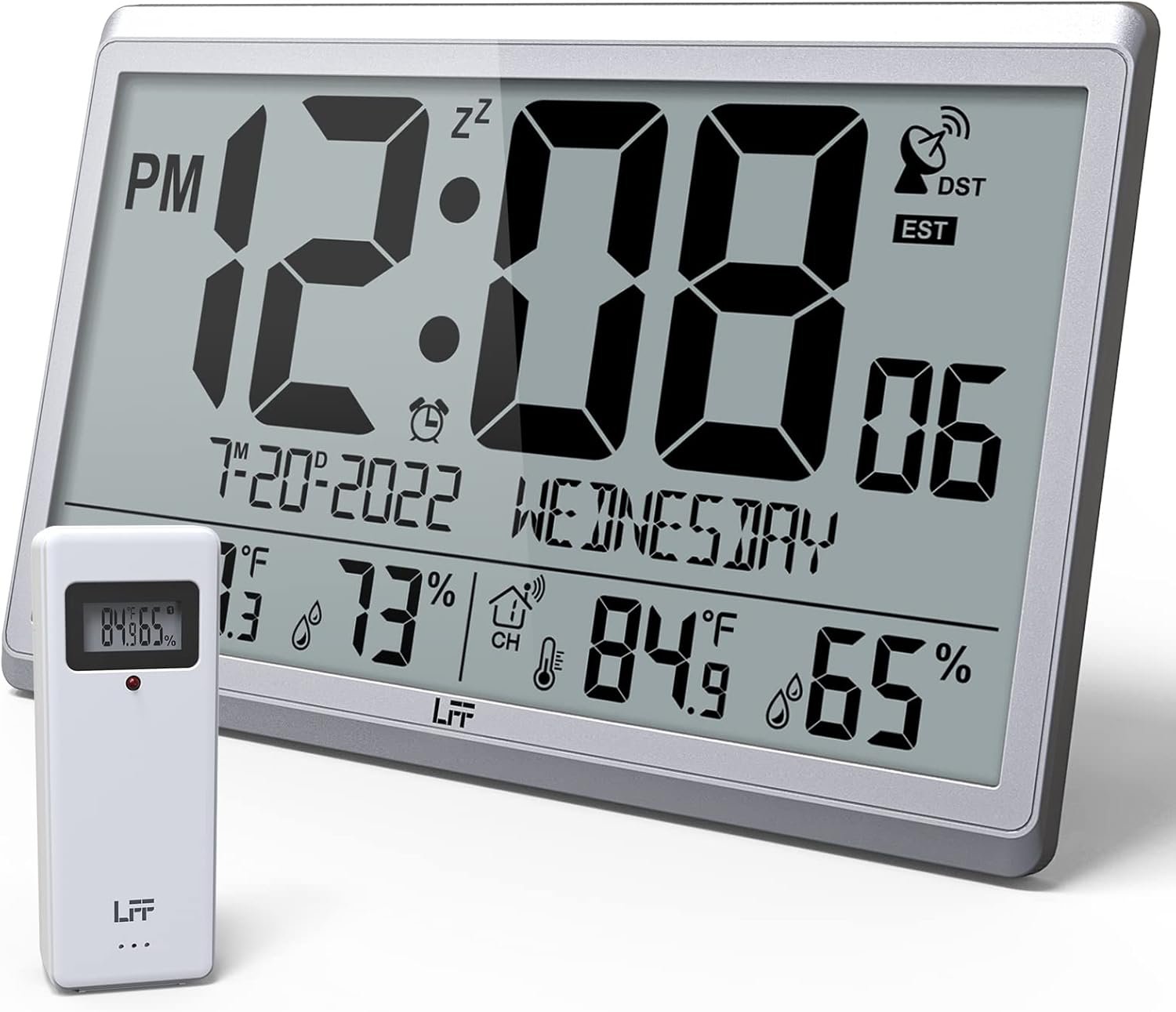 LFF Atomic Clock/Never Needs Setting, Digital Wall Clock with Indoor Outdoor Temperature & Humidity, Battery Operated, Wireless Outdoor Sensor, Atomic Wall Clock with 4.5″ Numbers Easy-to-Read