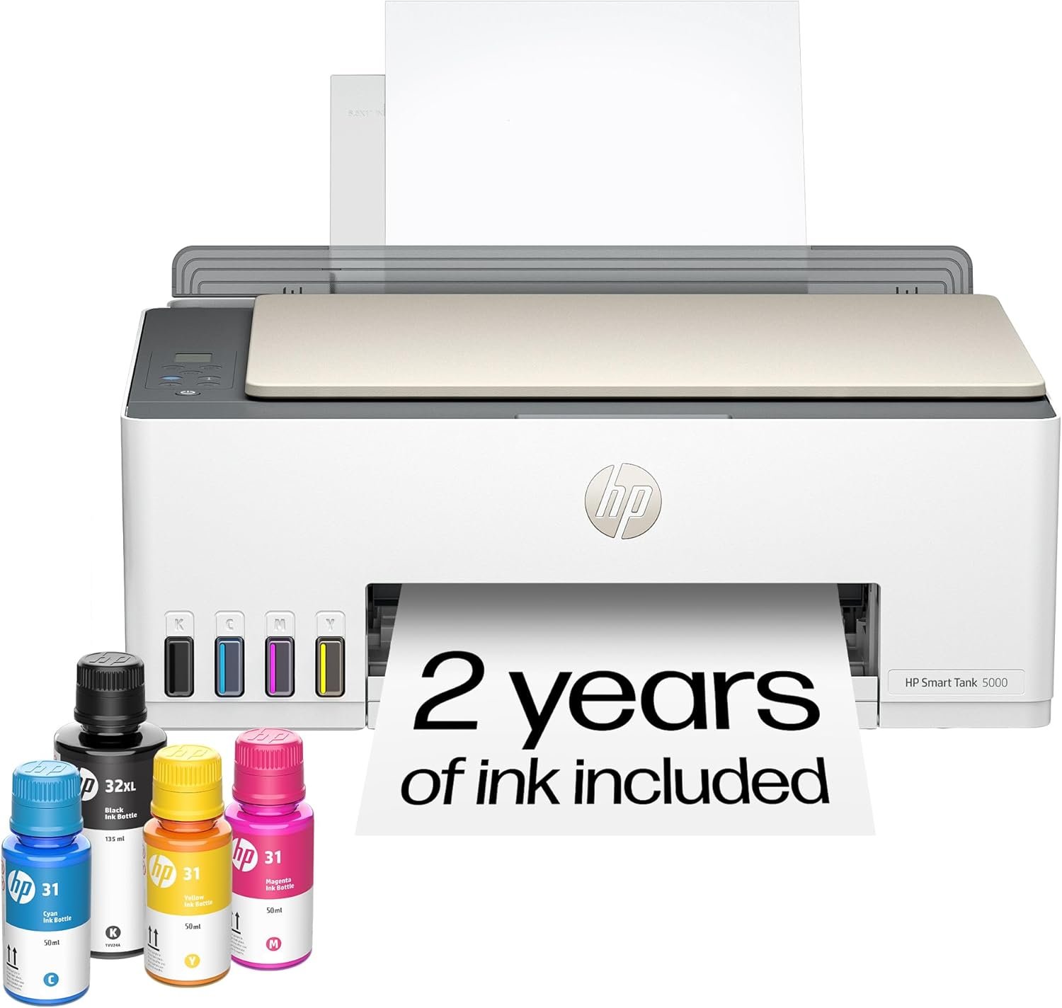 HP Smart Tank 5000 Wireless All-in-One Ink Tank Printer, Scanner, Copier with 2 Years of Ink Included, Best-for-Home, Cartridge-Free, Refillable, AI-Enabled (5D1B6A)